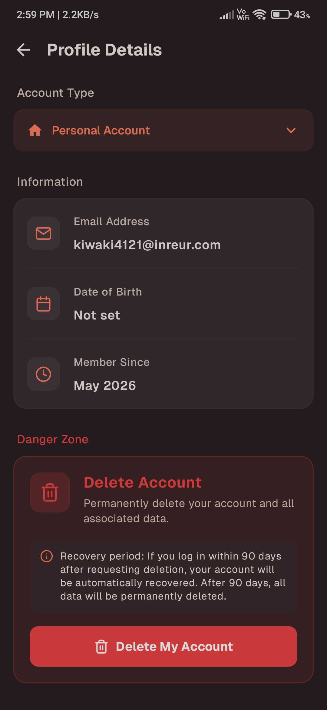 Delete Your Account confirmation modal - Mobile View